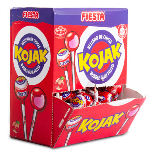 סוכריה על מקל עם מסטיק KOJAK בטעם דובדבן - מארז 100 יח'